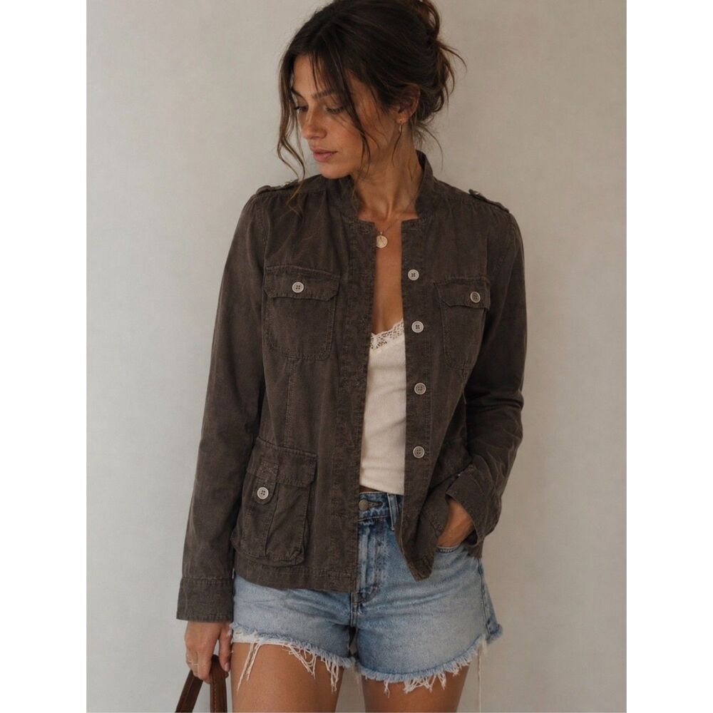 Banana Republic Brown Linen Silk Utility Safari Jacket XS Military Cargo Button